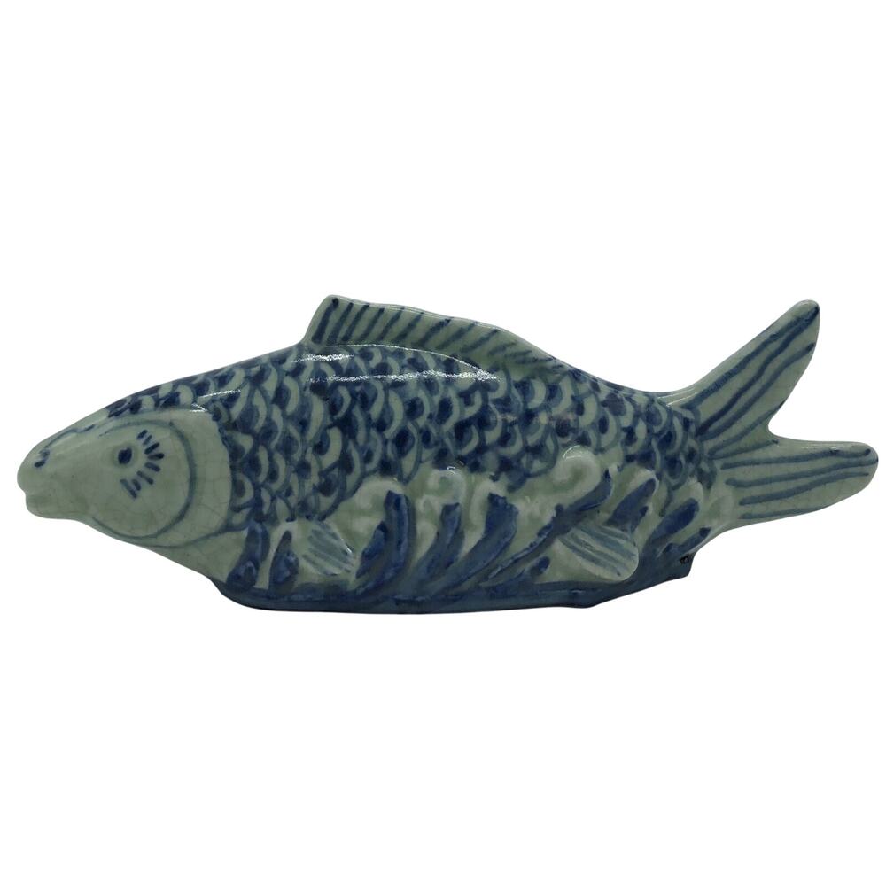Handmade Glazed Fish Pottery Figurine Heavy Statue Ornamental Decorative Stamped